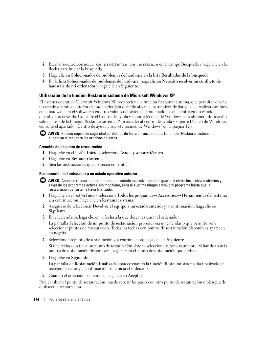 Dell 745 manual Creación de un punto de restauración, Haga clic en Restaurar sistema, Siguiente, 174 