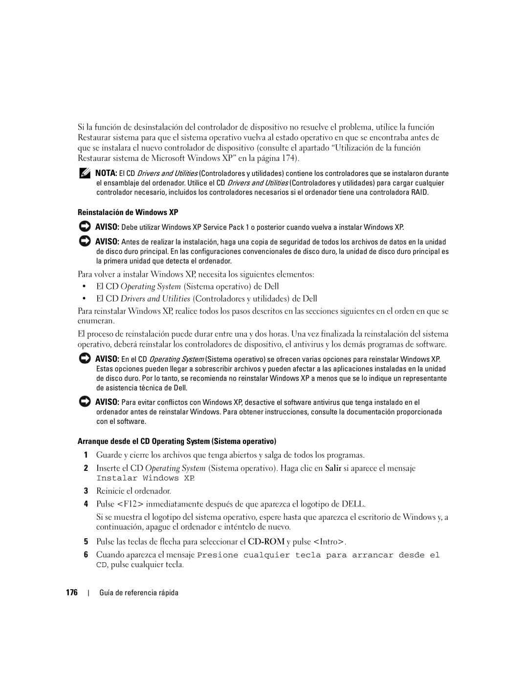 Dell 745 manual Reinstalación de Windows XP, Arranque desde el CD Operating System Sistema operativo, 176 