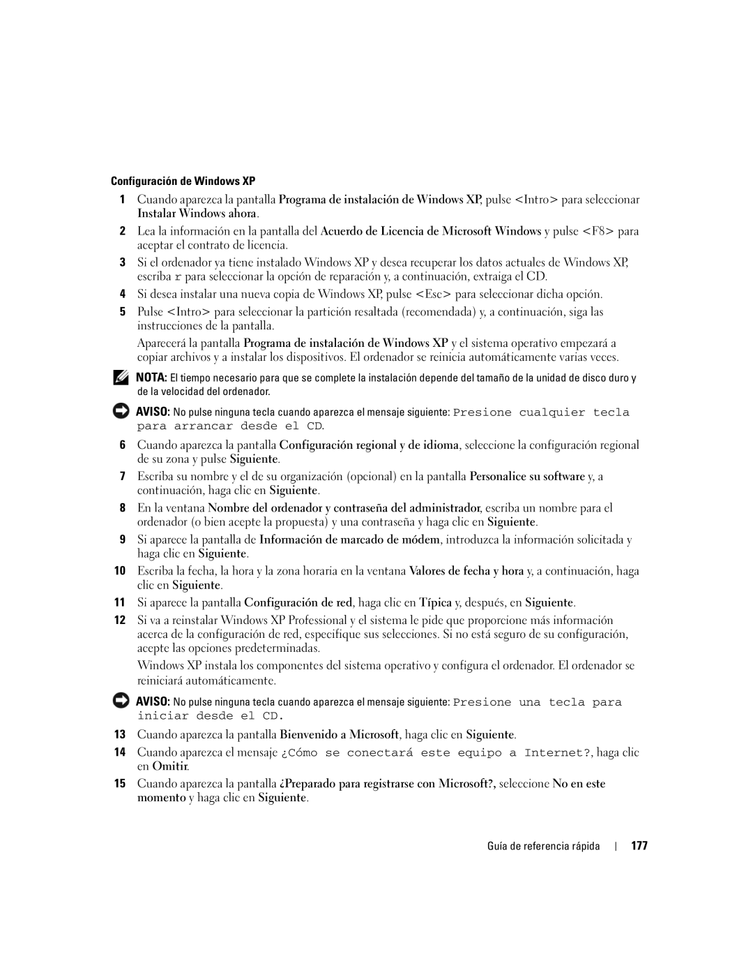 Dell 745 manual Configuración de Windows XP, Instalar Windows ahora, 177 