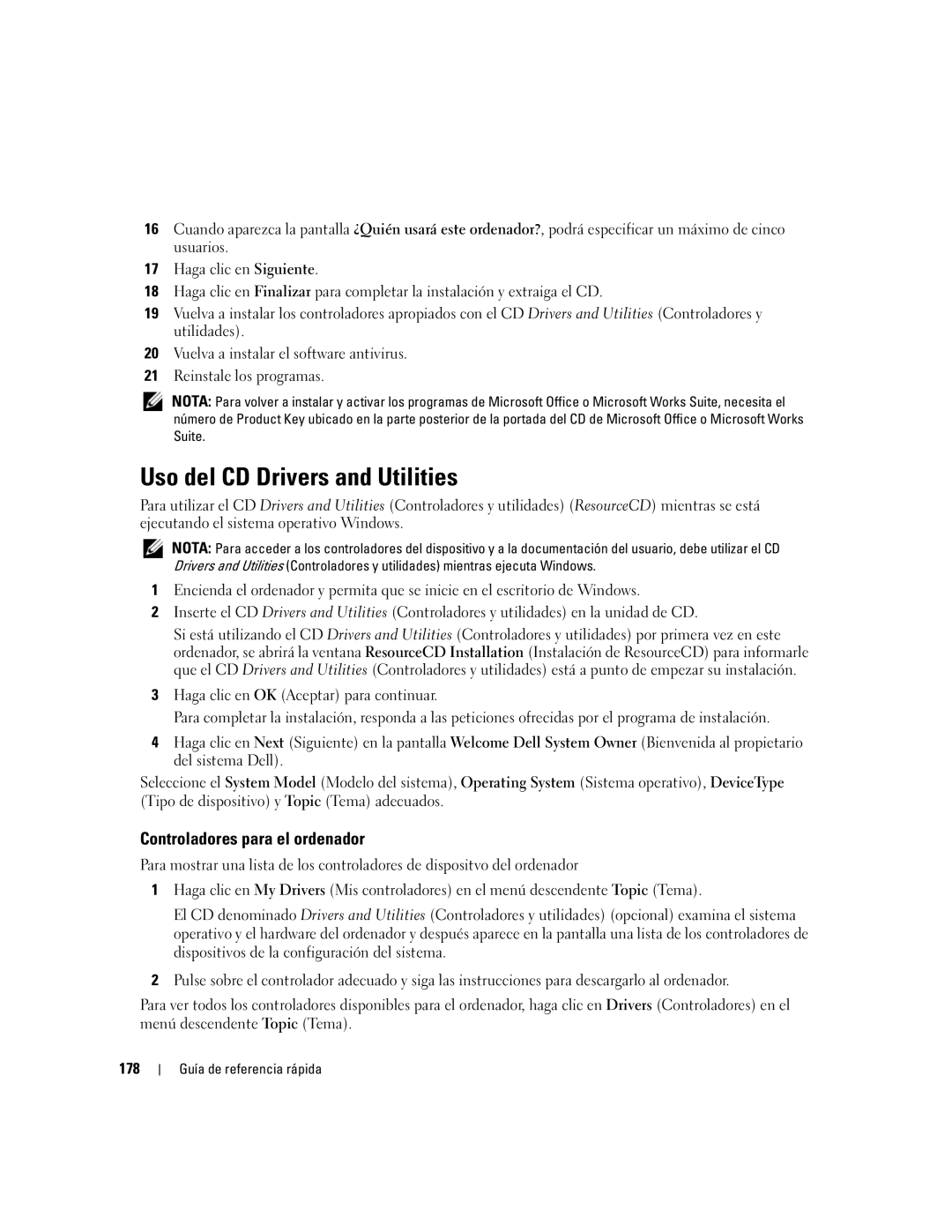 Dell 745 manual Uso del CD Drivers and Utilities, Controladores para el ordenador, 178 