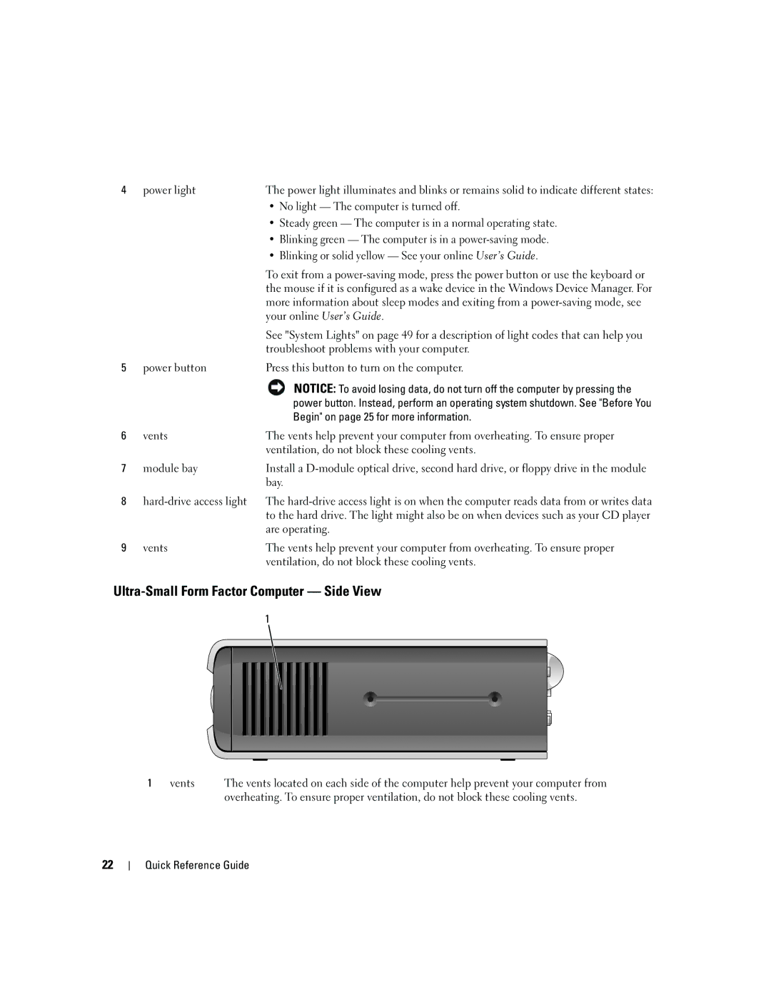 Dell 745 manual Ultra-Small Form Factor Computer Side View, Blinking or solid yellow See your online User’s Guide 