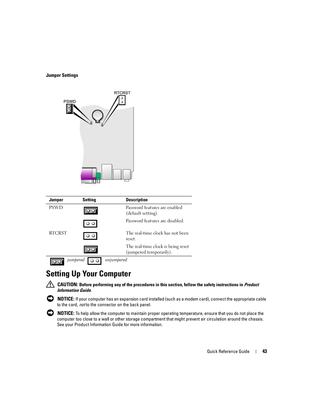 Dell 745 manual Setting Up Your Computer, Jumper Settings 