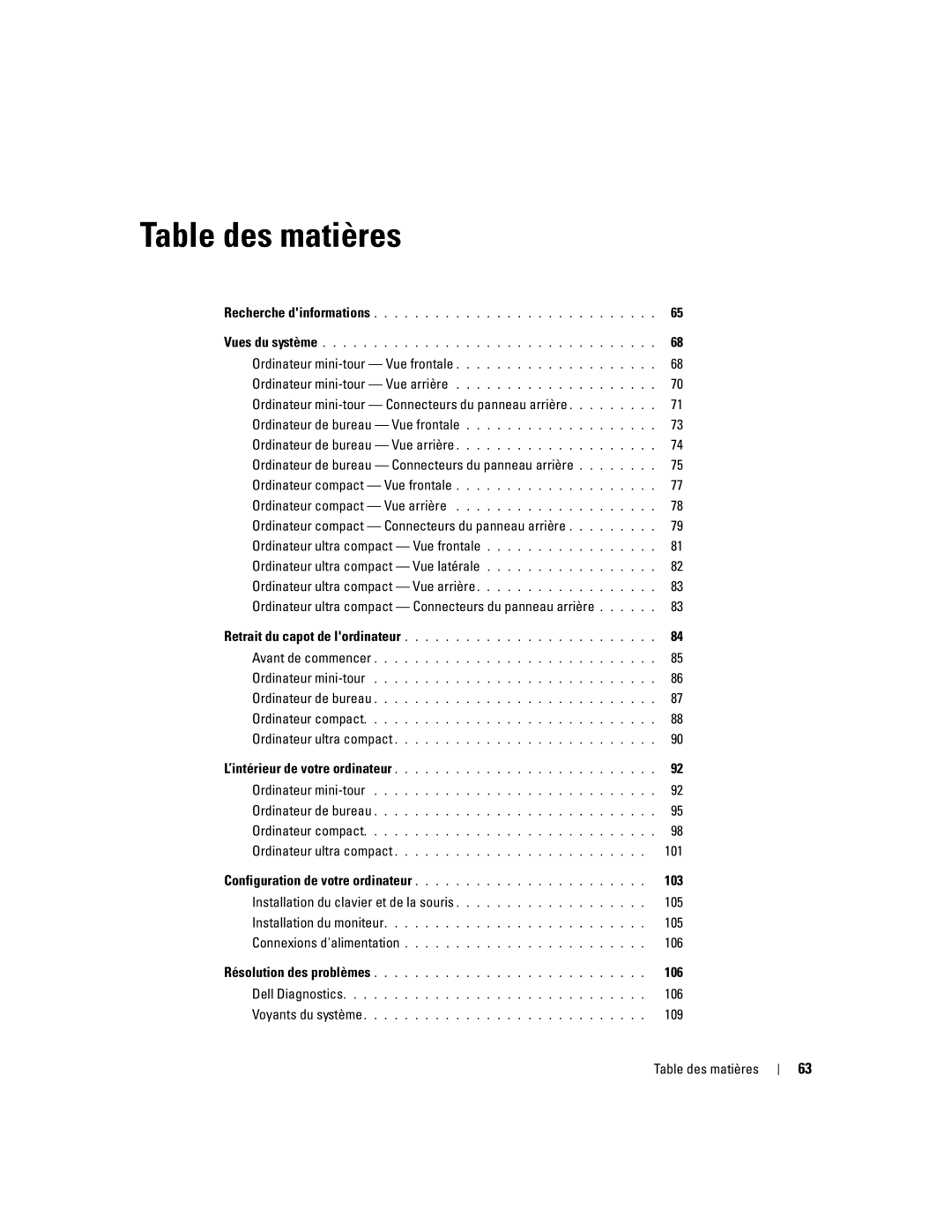 Dell 745 manual 101, 103, Installation du clavier et de la souris 105, 106, 109, Table des matières 