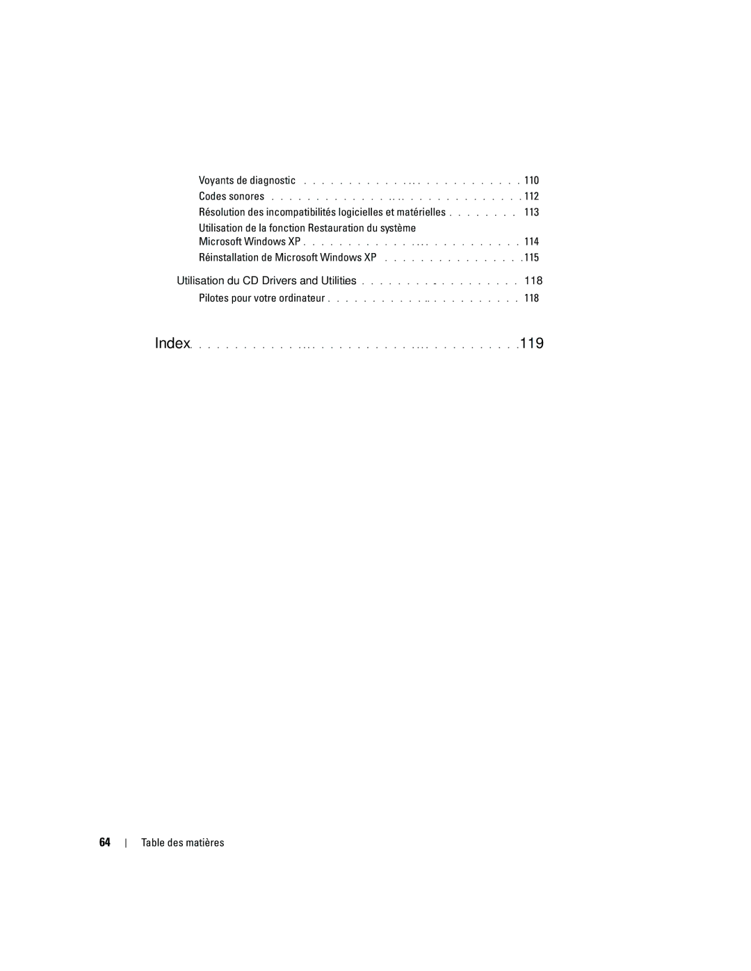 Dell 745 manual 110, 112, 114, Réinstallation de Microsoft Windows XP 115, 118 