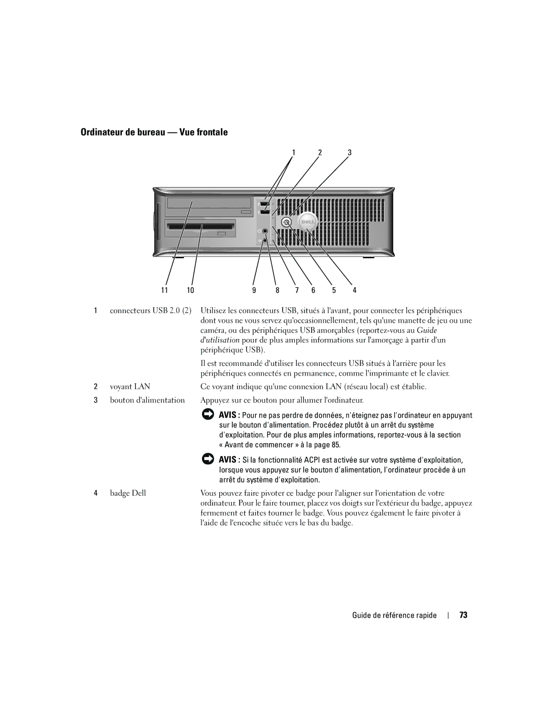 Dell 745 manual Ordinateur de bureau Vue frontale, « Avant de commencer » à la, Arrêt du système dexploitation 