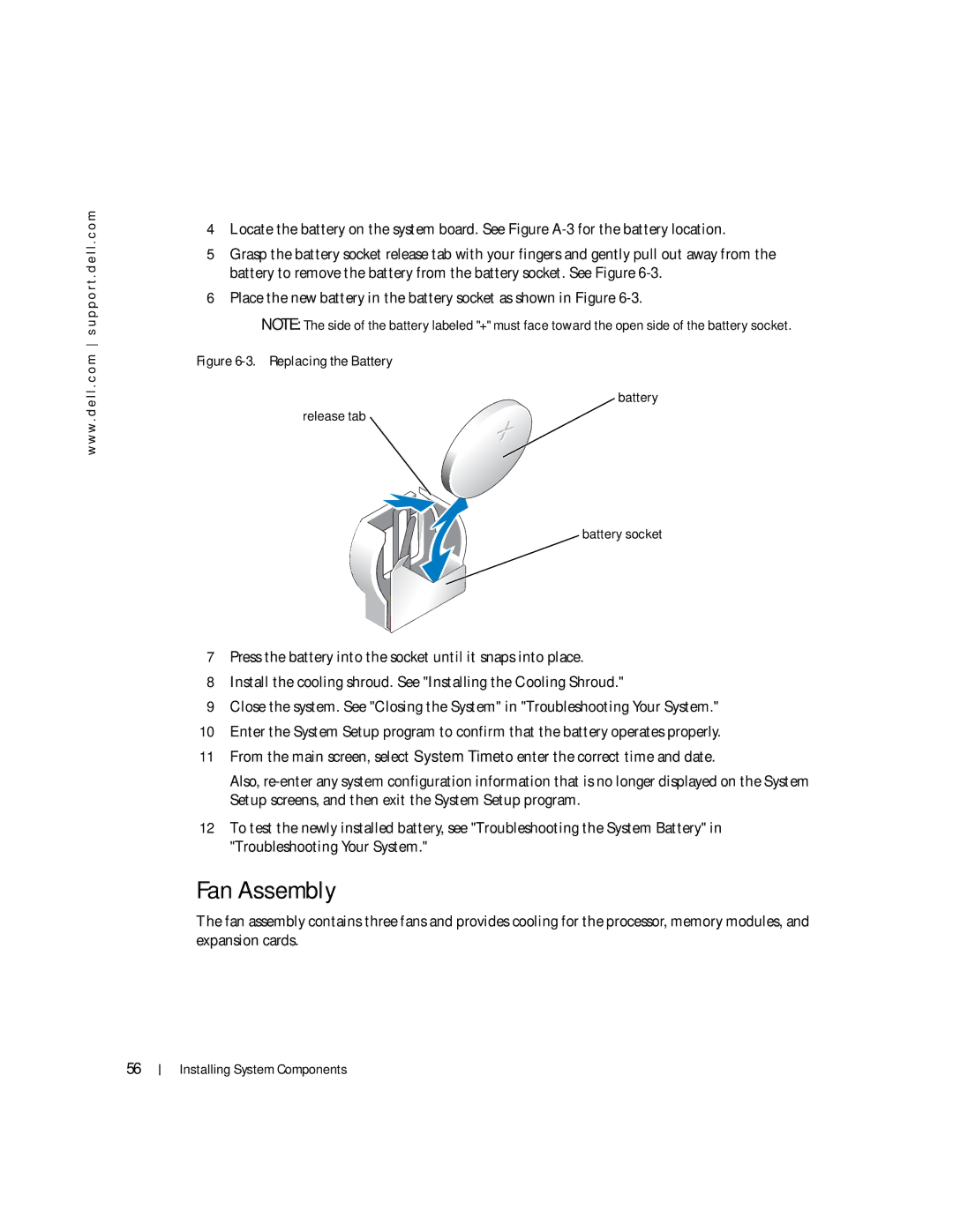 Dell 745N manual Fan Assembly, Replacing the Battery Release tab Battery socket 
