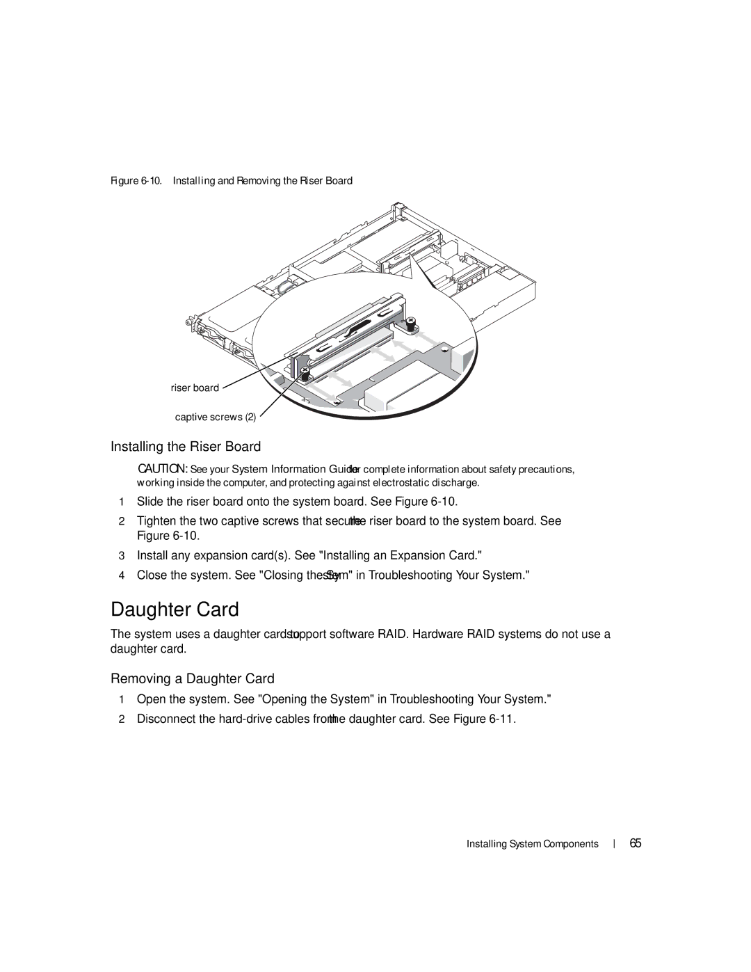 Dell 745N manual Installing the Riser Board, Removing a Daughter Card 