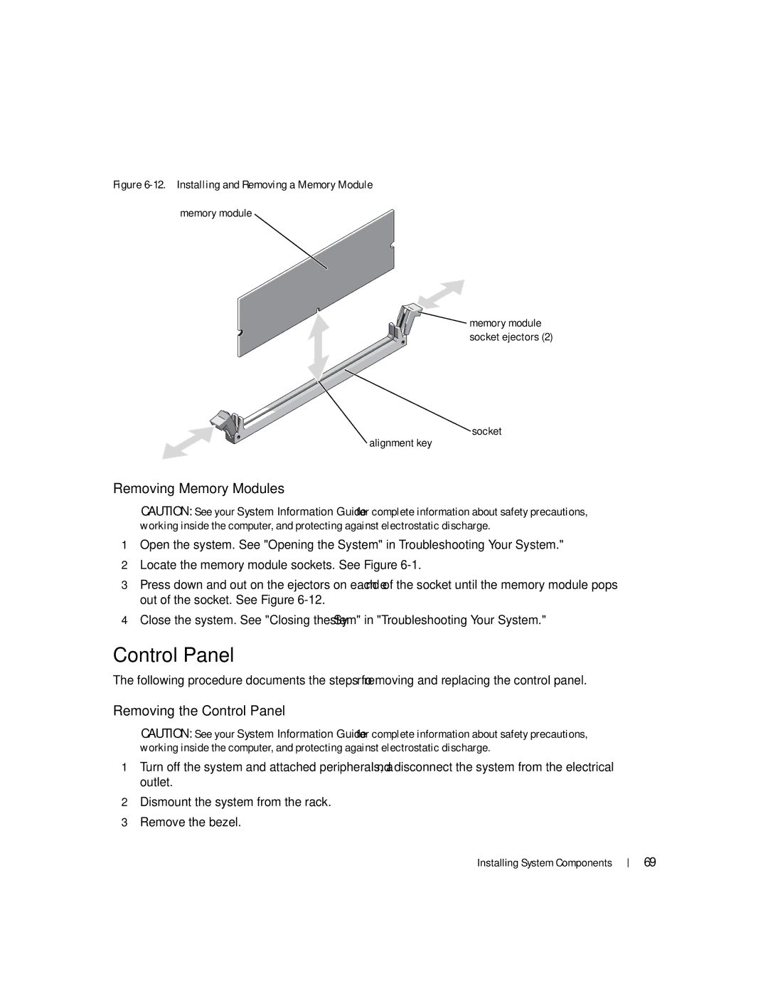 Dell 745N manual Removing Memory Modules, Removing the Control Panel, Socket Alignment key 