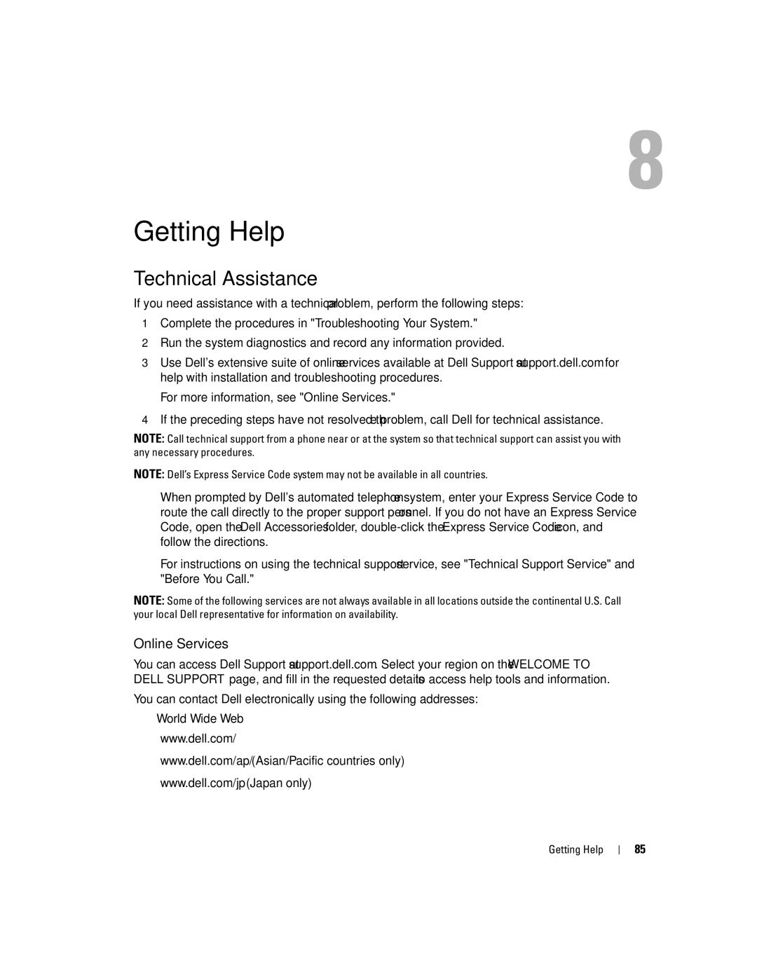 Dell 745N manual Getting Help, Technical Assistance, Online Services 