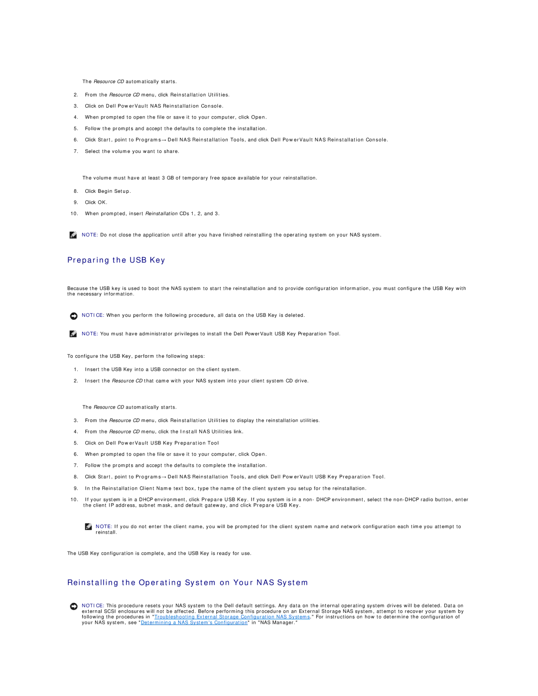 Dell 745N manual Preparing the USB Key, Reinstalling the Operating System on Your NAS System, Click Begin Setup 