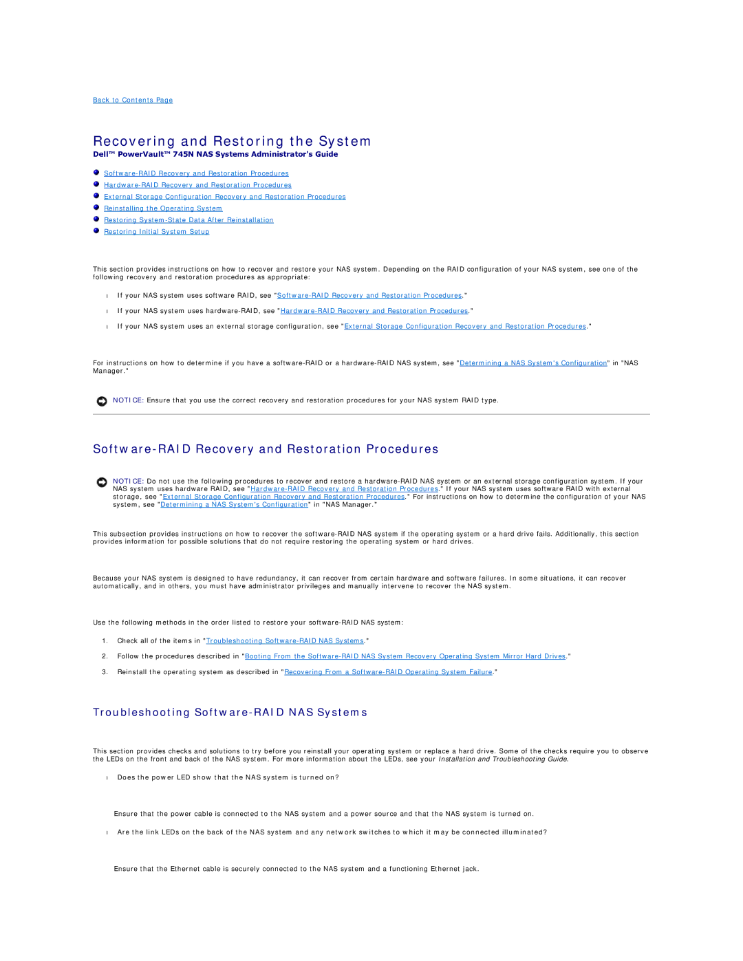 Dell 745N manual Recovering and Restoring the System, Software-RAID Recovery and Restoration Procedures 
