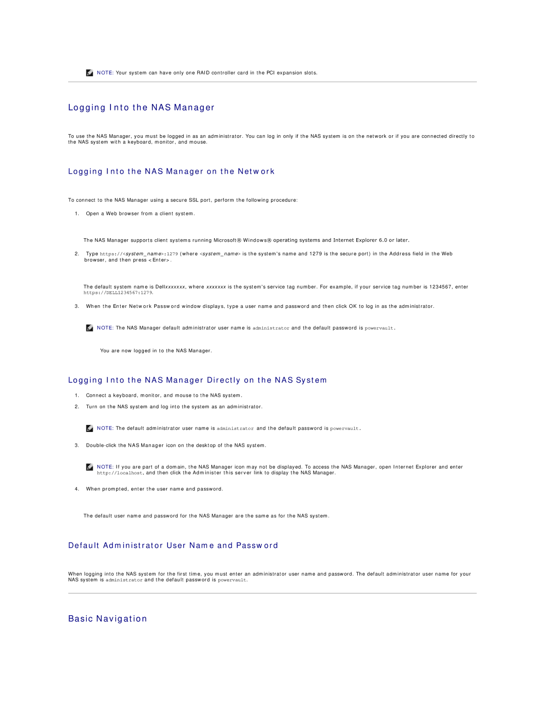 Dell 745N Basic Navigation, Logging Into the NAS Manager on the Network, Default Administrator User Name and Password 