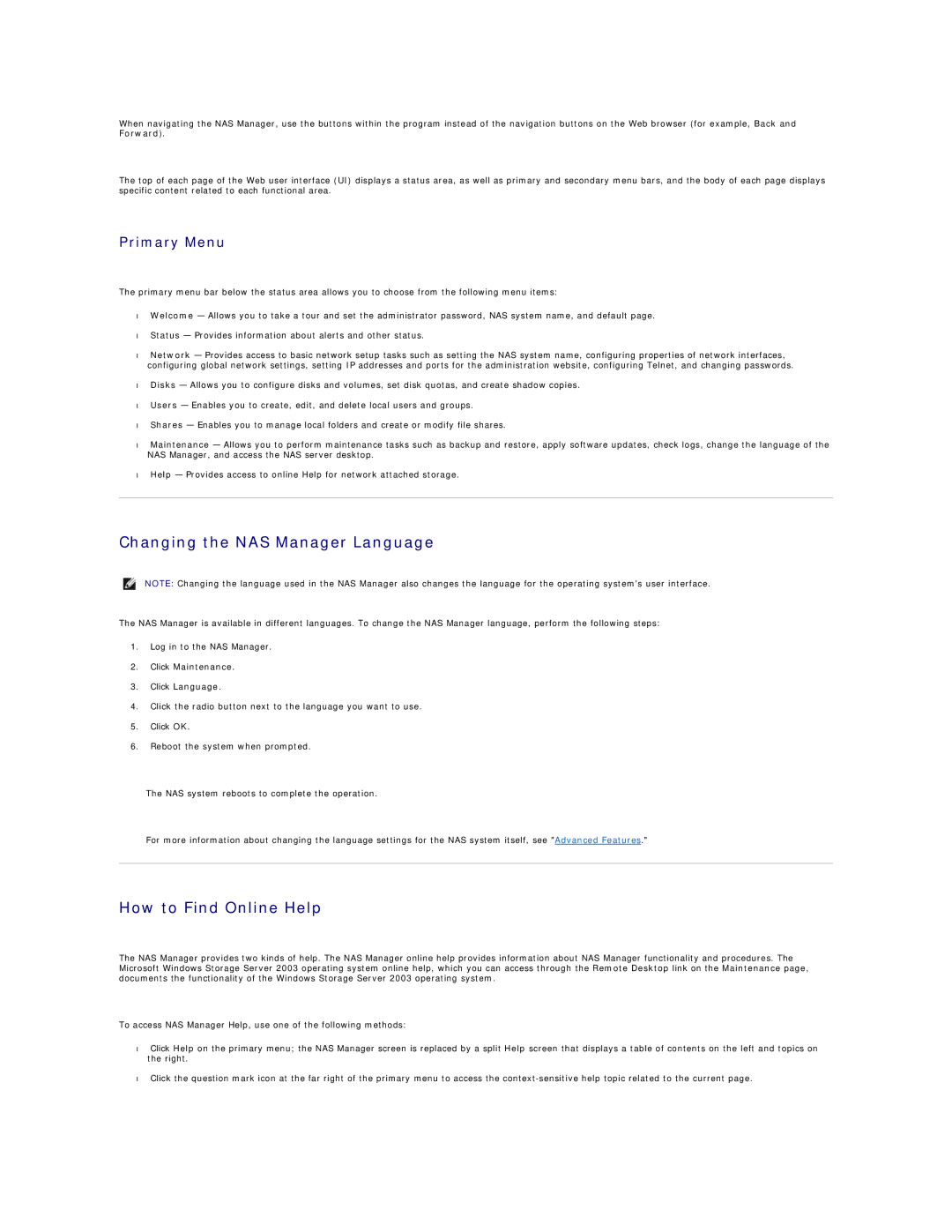Dell 745N manual Changing the NAS Manager Language, How to Find Online Help, Primary Menu, Click Maintenance Click Language 