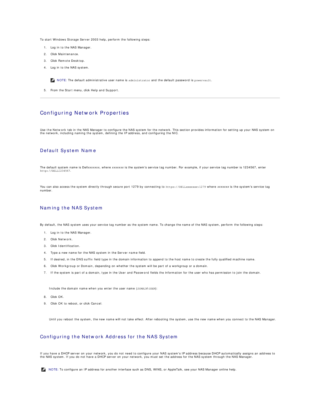 Dell 745N manual Configuring Network Properties, Default System Name, Naming the NAS System, Click Identification 