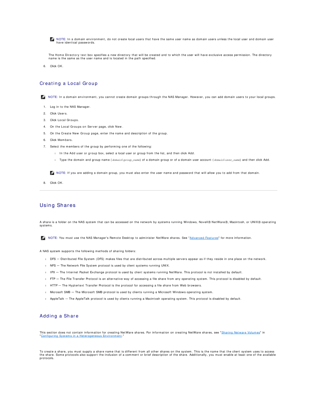 Dell 745N manual Using Shares, Creating a Local Group, Adding a Share 