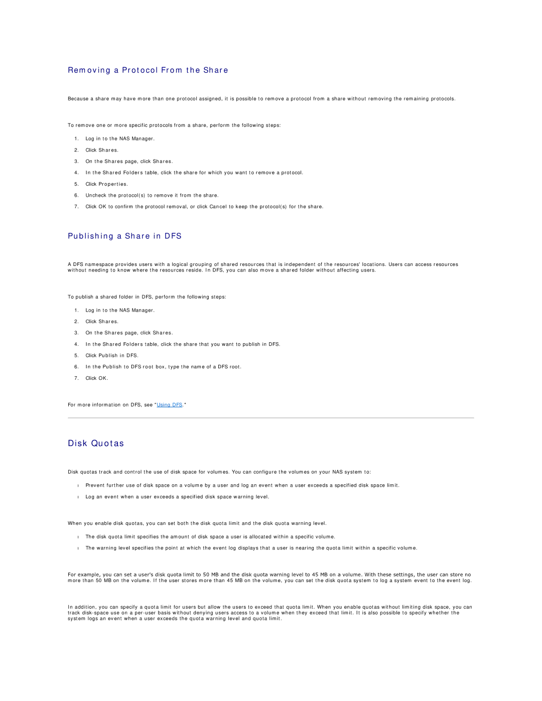 Dell 745N manual Disk Quotas, Removing a Protocol From the Share, Publishing a Share in DFS, Click Publish in DFS 