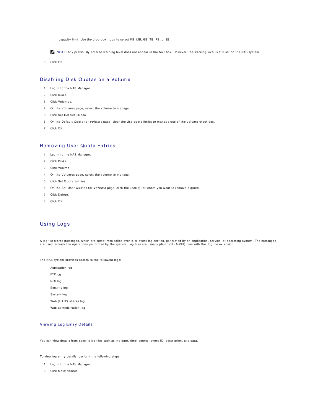 Dell 745N manual Using Logs, Disabling Disk Quotas on a Volume, Removing User Quota Entries, Viewing Log Entry Details 