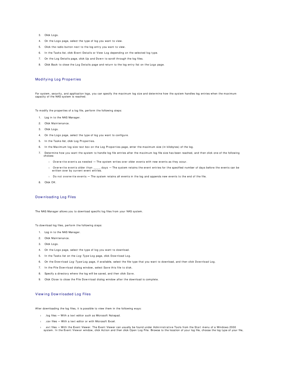 Dell 745N manual Modifying Log Properties, Downloading Log Files, Viewing Downloaded Log Files 