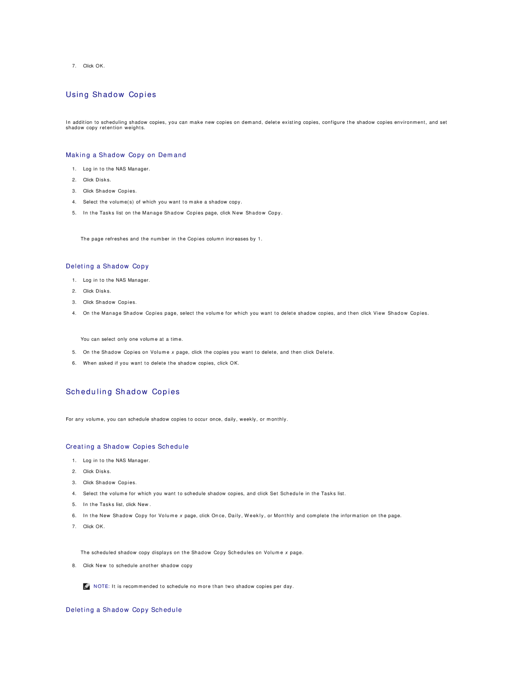 Dell 745N manual Using Shadow Copies, Scheduling Shadow Copies 