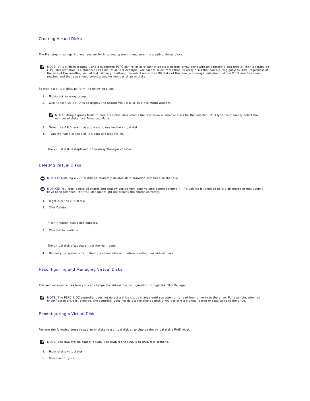 Dell 745N Creating Virtual Disks, Deleting Virtual Disks, Reconfiguring and Managing Virtual Disks, Click Reconfigure 