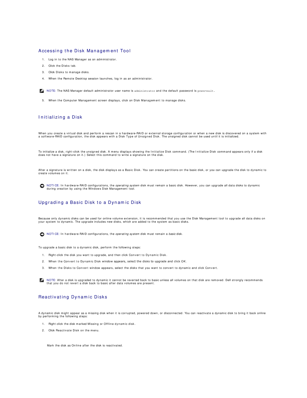 Dell 745N manual Accessing the Disk Management Tool, Initializing a Disk, Upgrading a Basic Disk to a Dynamic Disk 