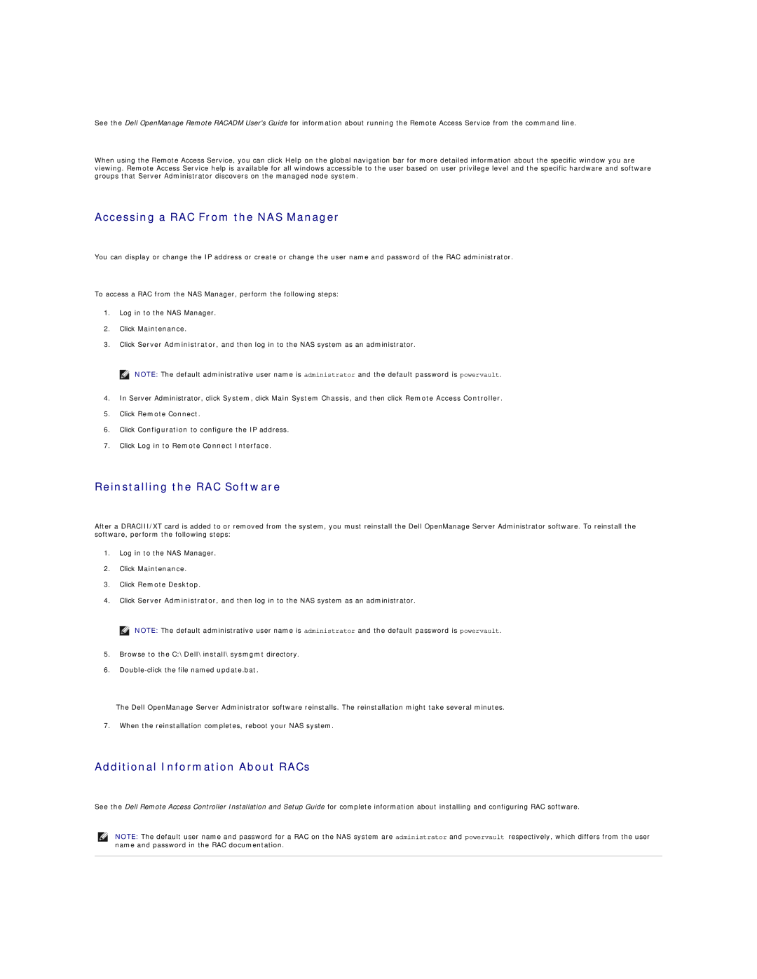 Dell 745N manual Accessing a RAC From the NAS Manager, Reinstalling the RAC Software, Additional Information About RACs 