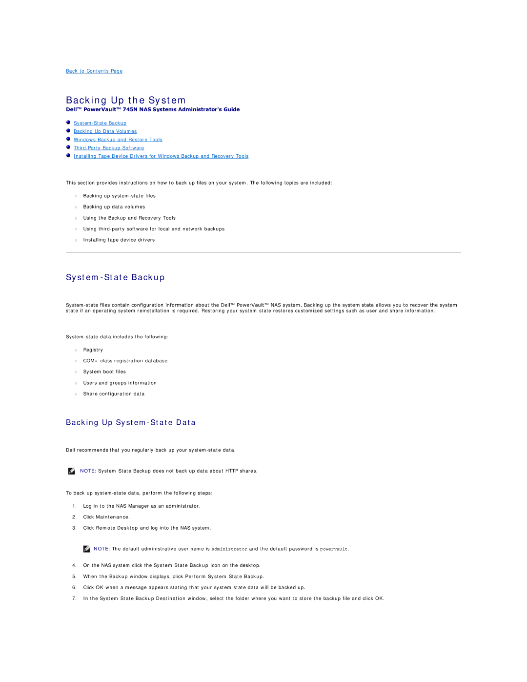 Dell 745N manual Backing Up the System, System-State Backup, Backing Up System-State Data 