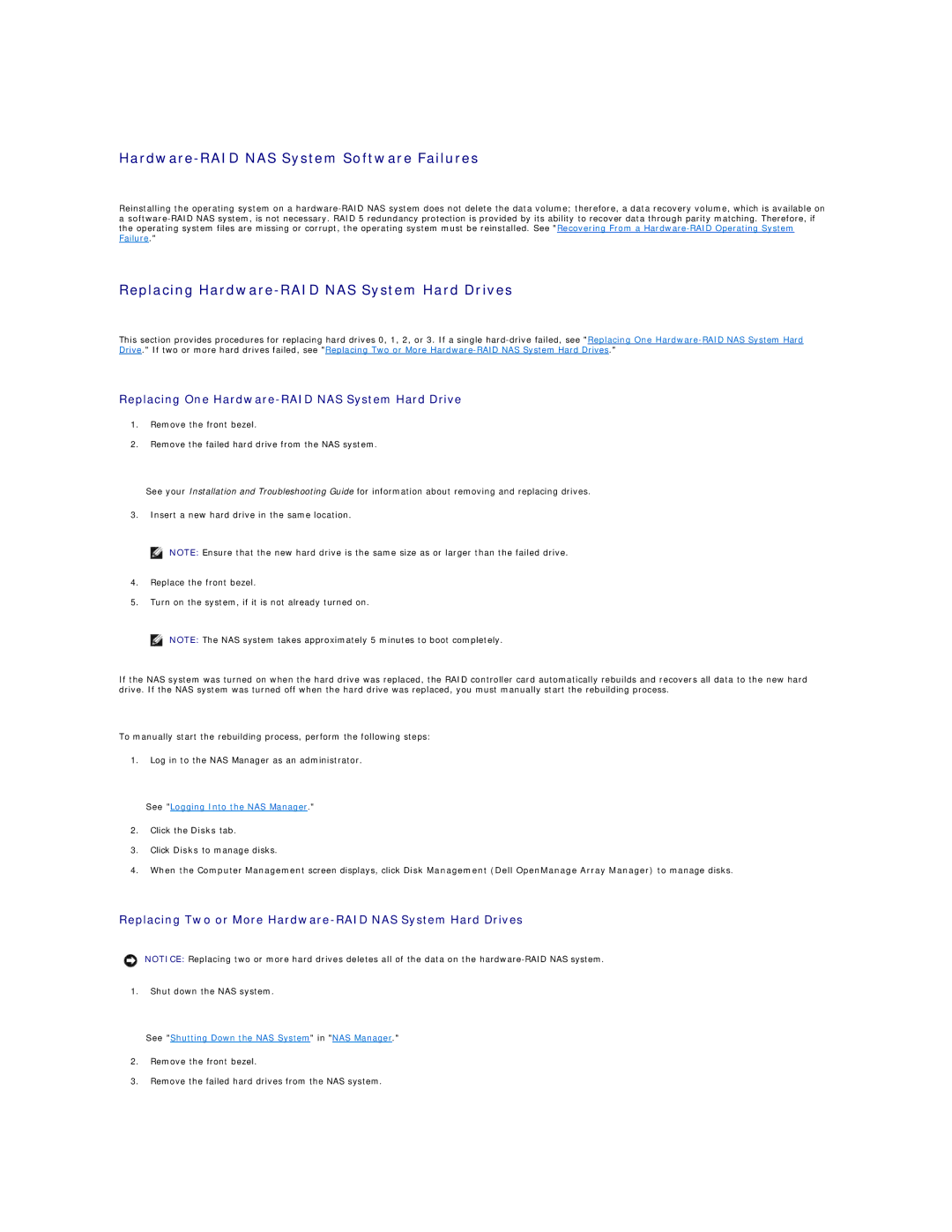 Dell 745N manual Hardware-RAID NAS System Software Failures, Replacing Hardware-RAID NAS System Hard Drives 