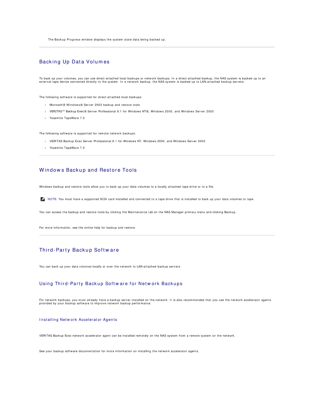 Dell 745N manual Backing Up Data Volumes, Windows Backup and Restore Tools, Third-Party Backup Software 
