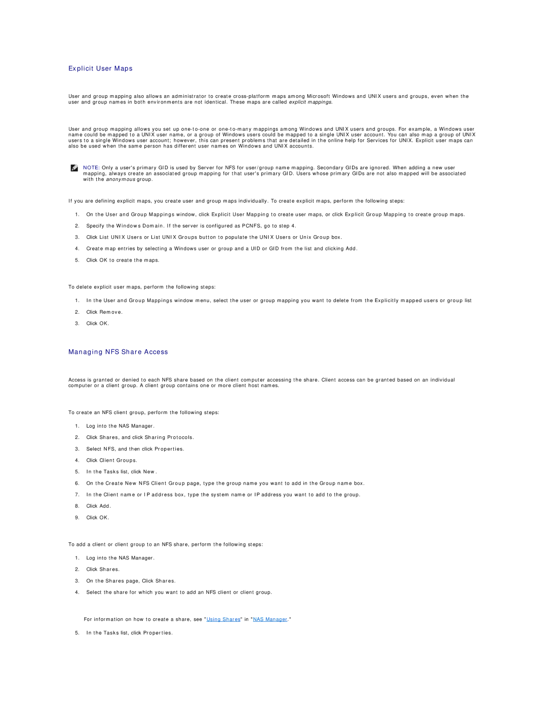 Dell 745N Explicit User Maps, Managing NFS Share Access, Click Shares, and click Sharing Protocols, Click Client Groups 