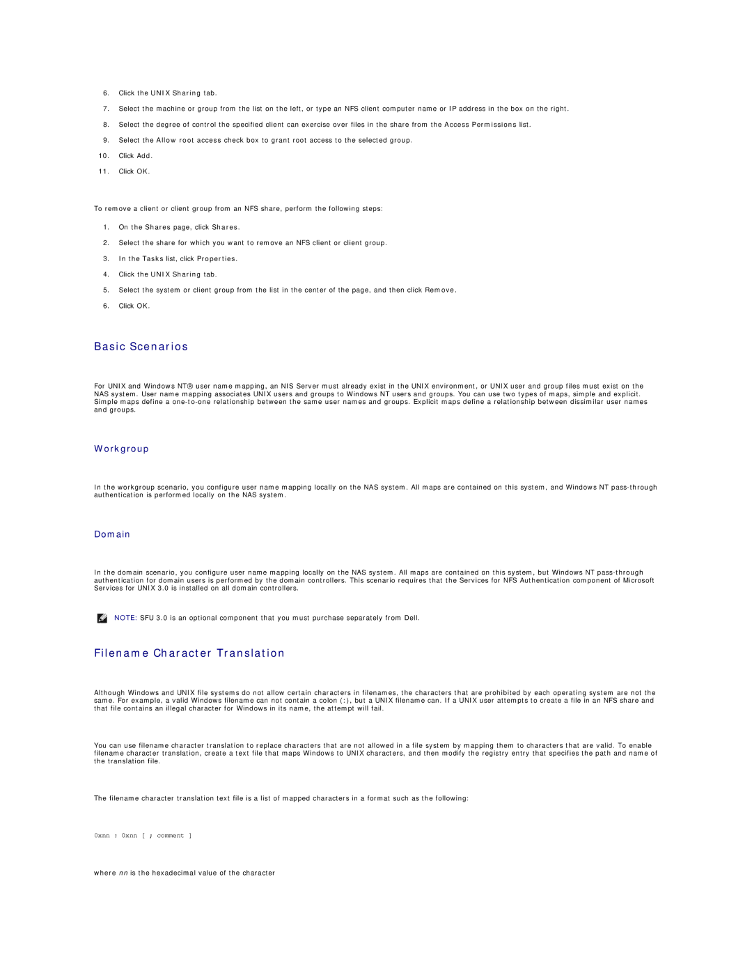 Dell 745N manual Basic Scenarios, Filename Character Translation, Workgroup, Domain 