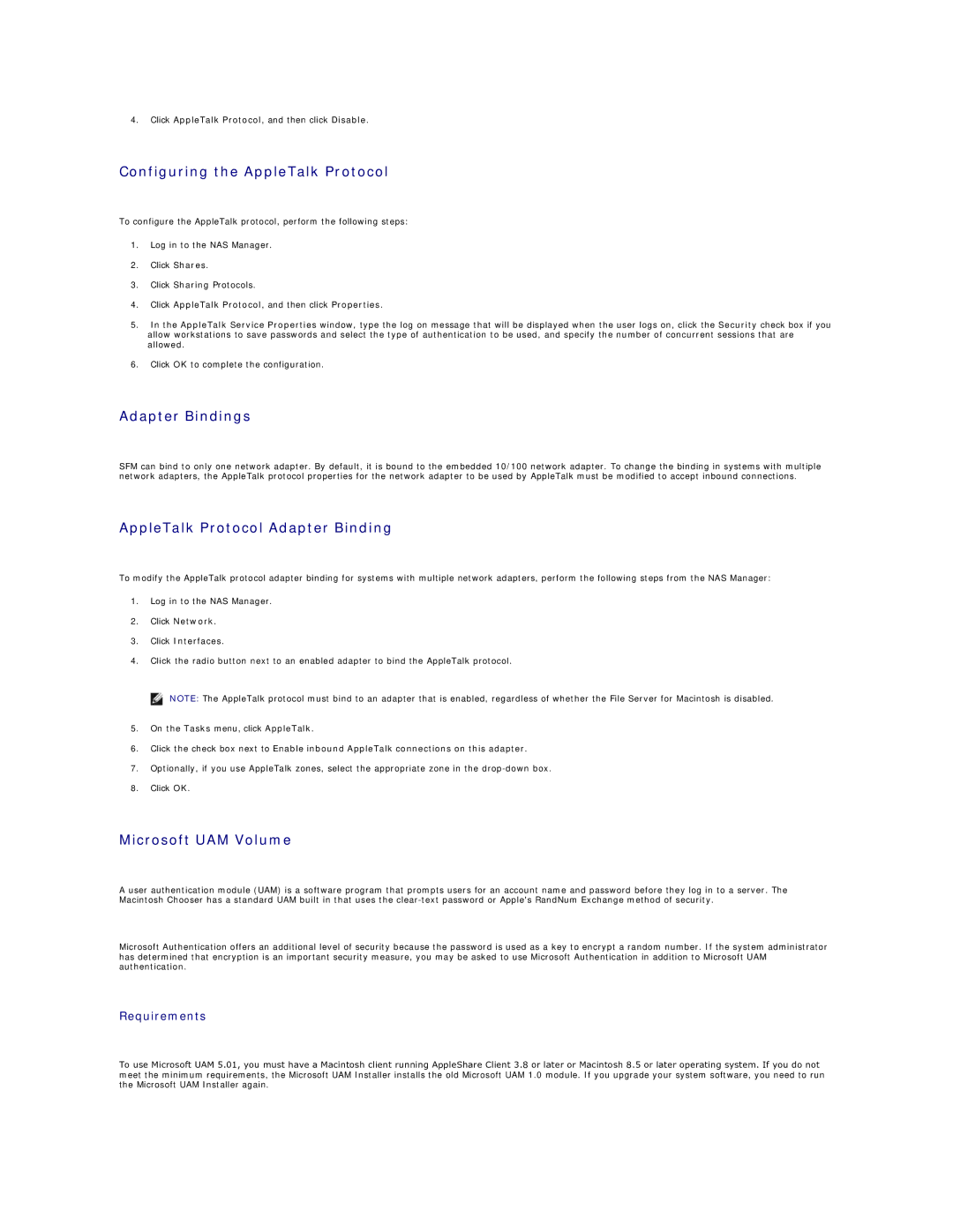 Dell 745N Configuring the AppleTalk Protocol, Adapter Bindings, AppleTalk Protocol Adapter Binding, Microsoft UAM Volume 