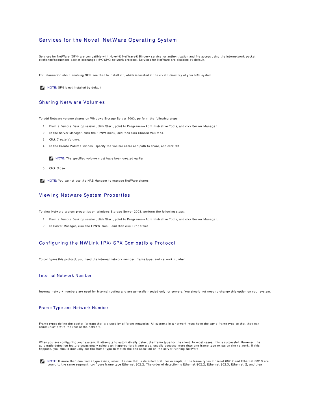 Dell 745N Services for the Novell NetWare Operating System, Sharing Netware Volumes, Viewing Netware System Properties 