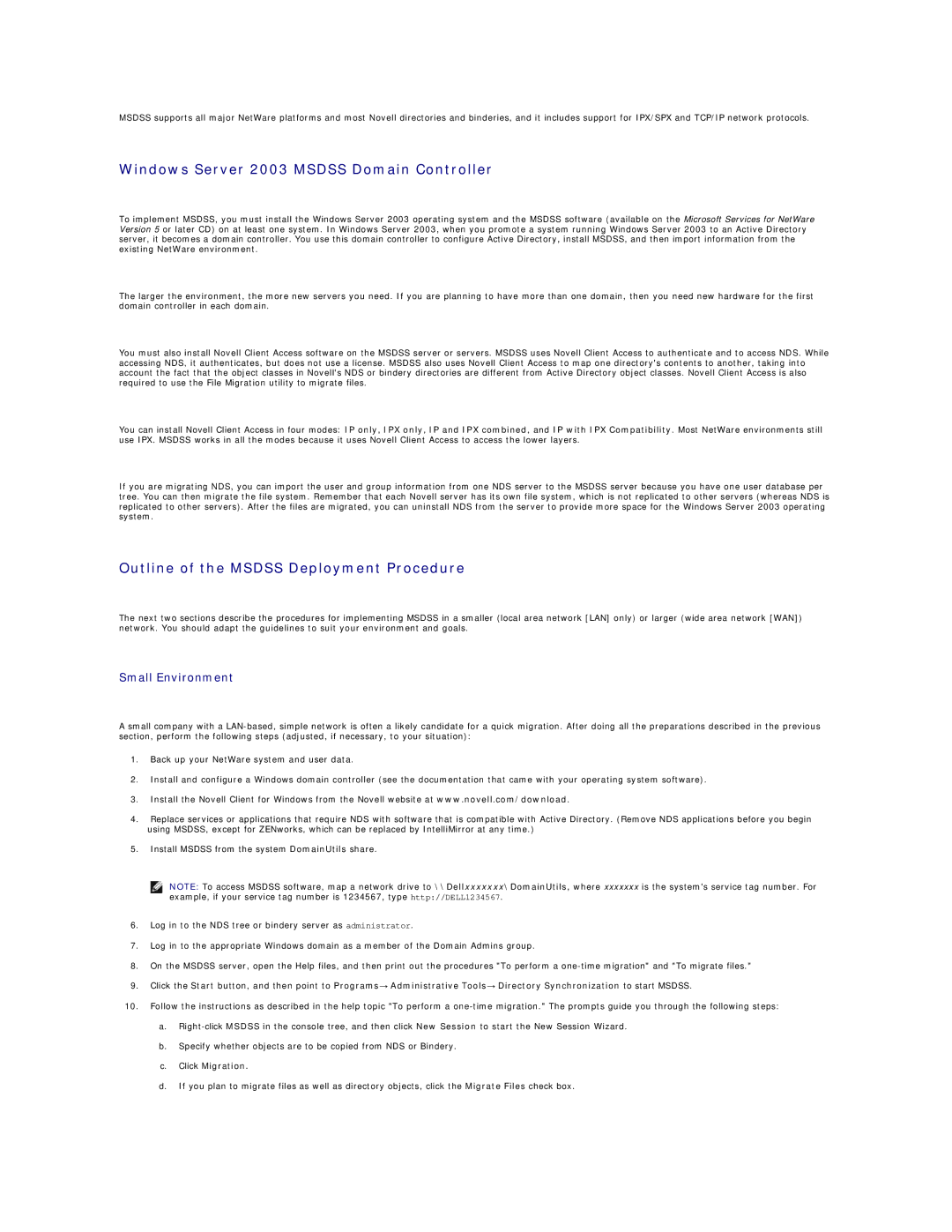 Dell 745N manual Windows Server 2003 Msdss Domain Controller, Outline of the Msdss Deployment Procedure, Small Environment 