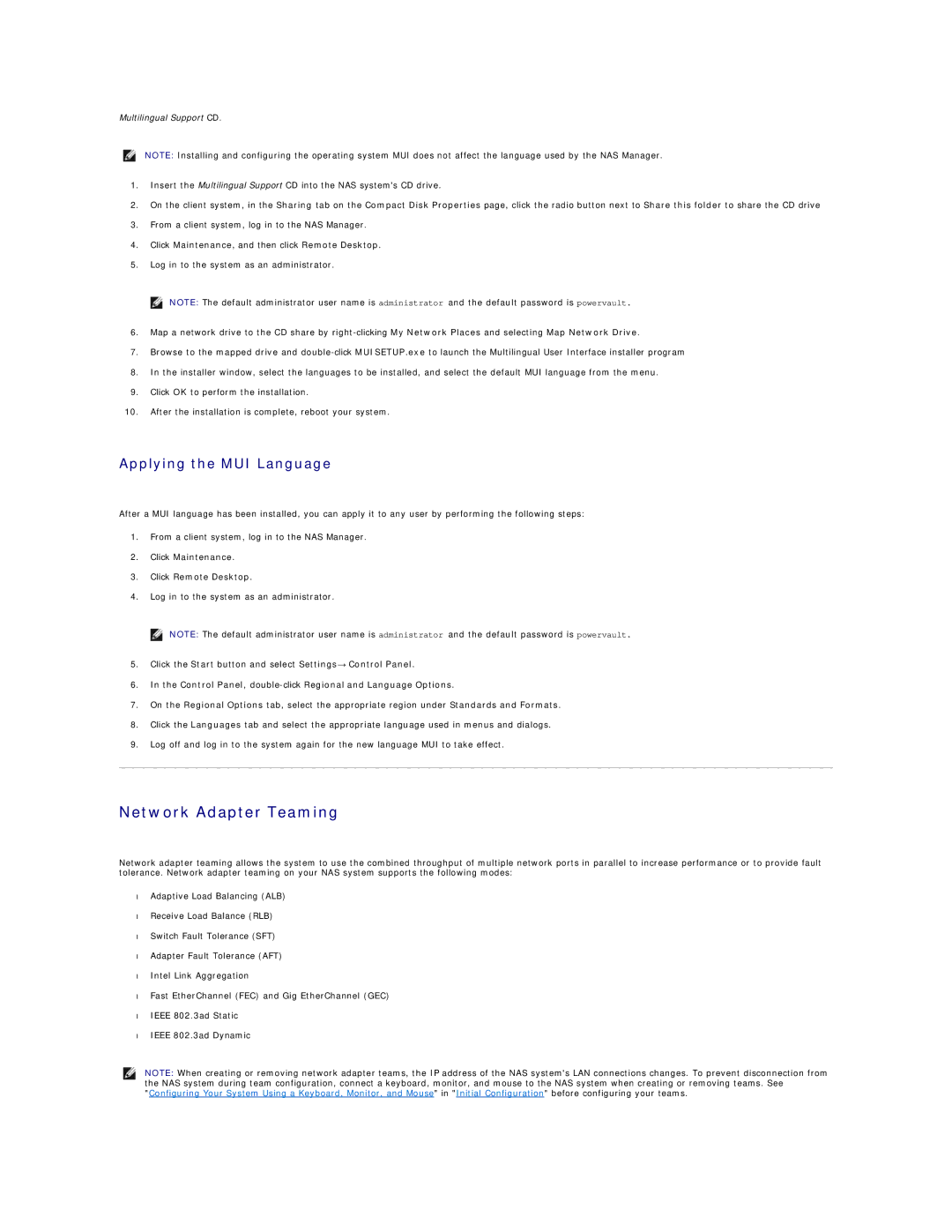 Dell 745N Network Adapter Teaming, Applying the MUI Language, Control Panel, double-clickRegional and Language Options 