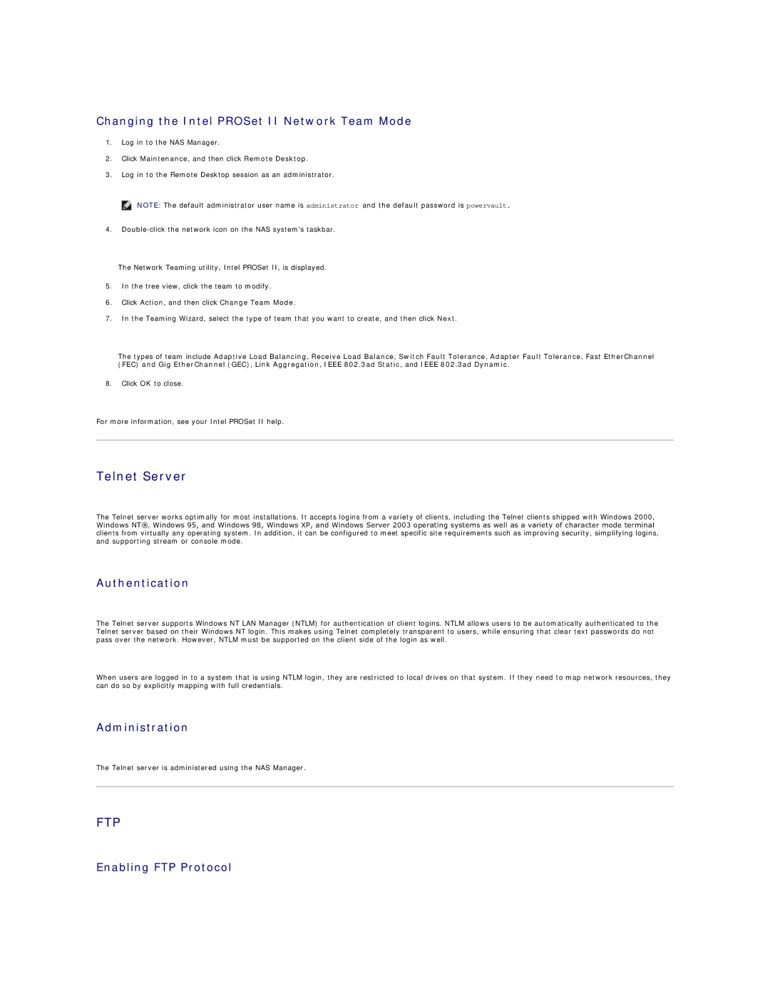 Dell 745N manual Telnet Server, Changing the Intel PROSet II Network Team Mode, Authentication, Administration 