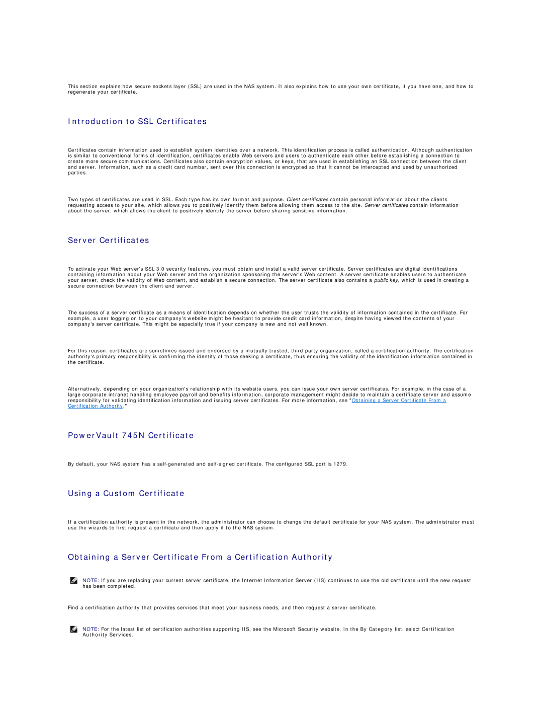 Dell Introduction to SSL Certificates, Server Certificates, PowerVault 745N Certificate, Using a Custom Certificate 