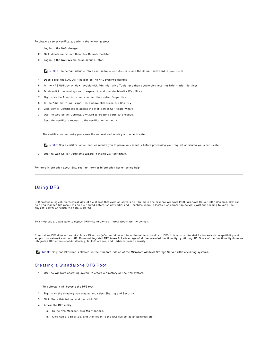 Dell 745N manual Using DFS, Creating a Standalone DFS Root, Administration Properties window, click Directory Security 