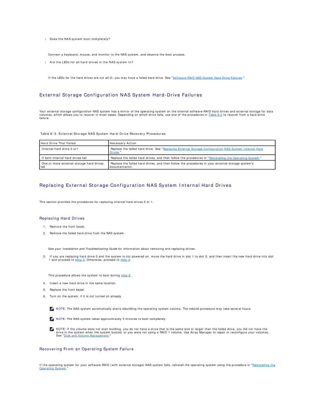 Dell 745N manual Recovering From an Operating System Failure, External Storage NAS System Hard-Drive Recovery Procedures 