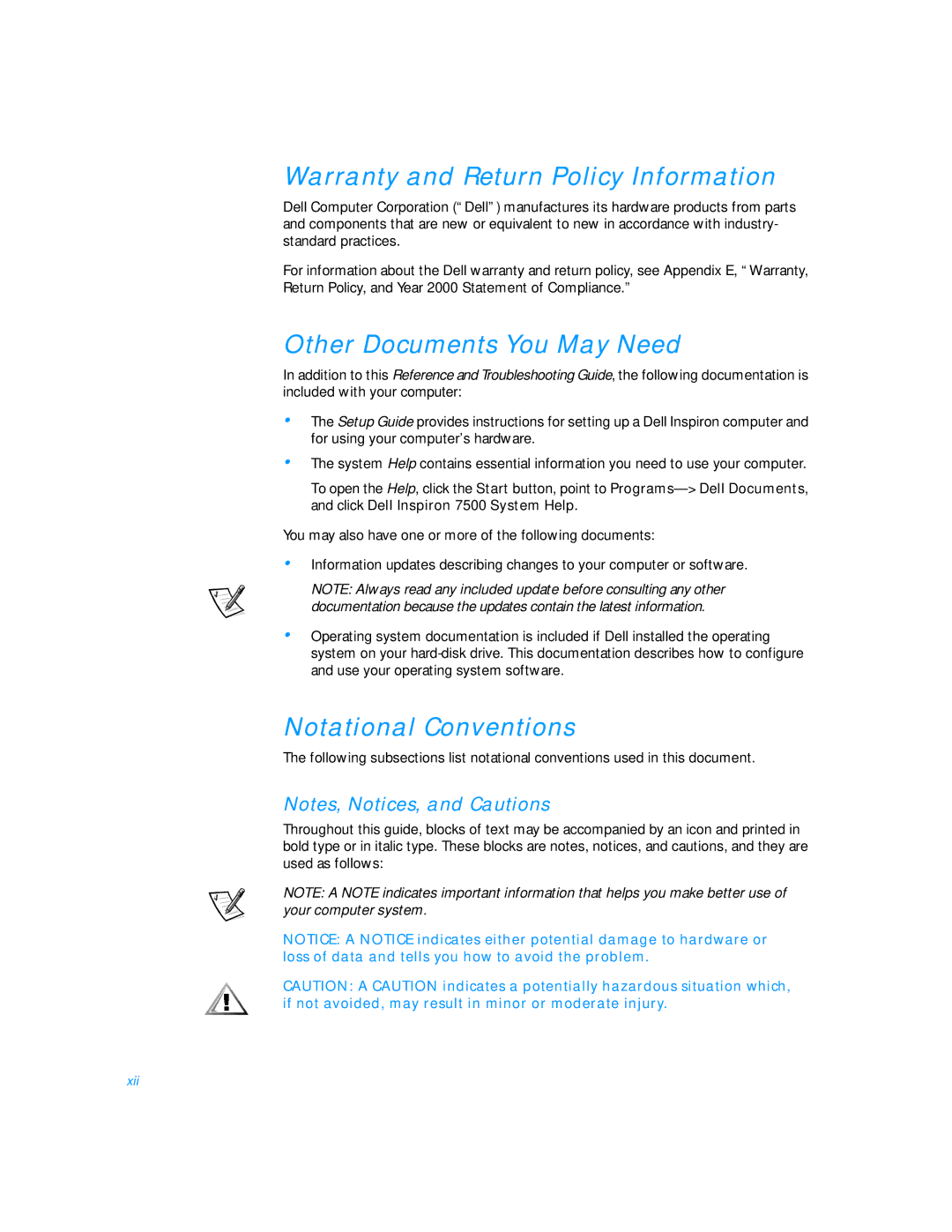 Dell 7500 manual Warranty and Return Policy Information, Other Documents You May Need, Notational Conventions 