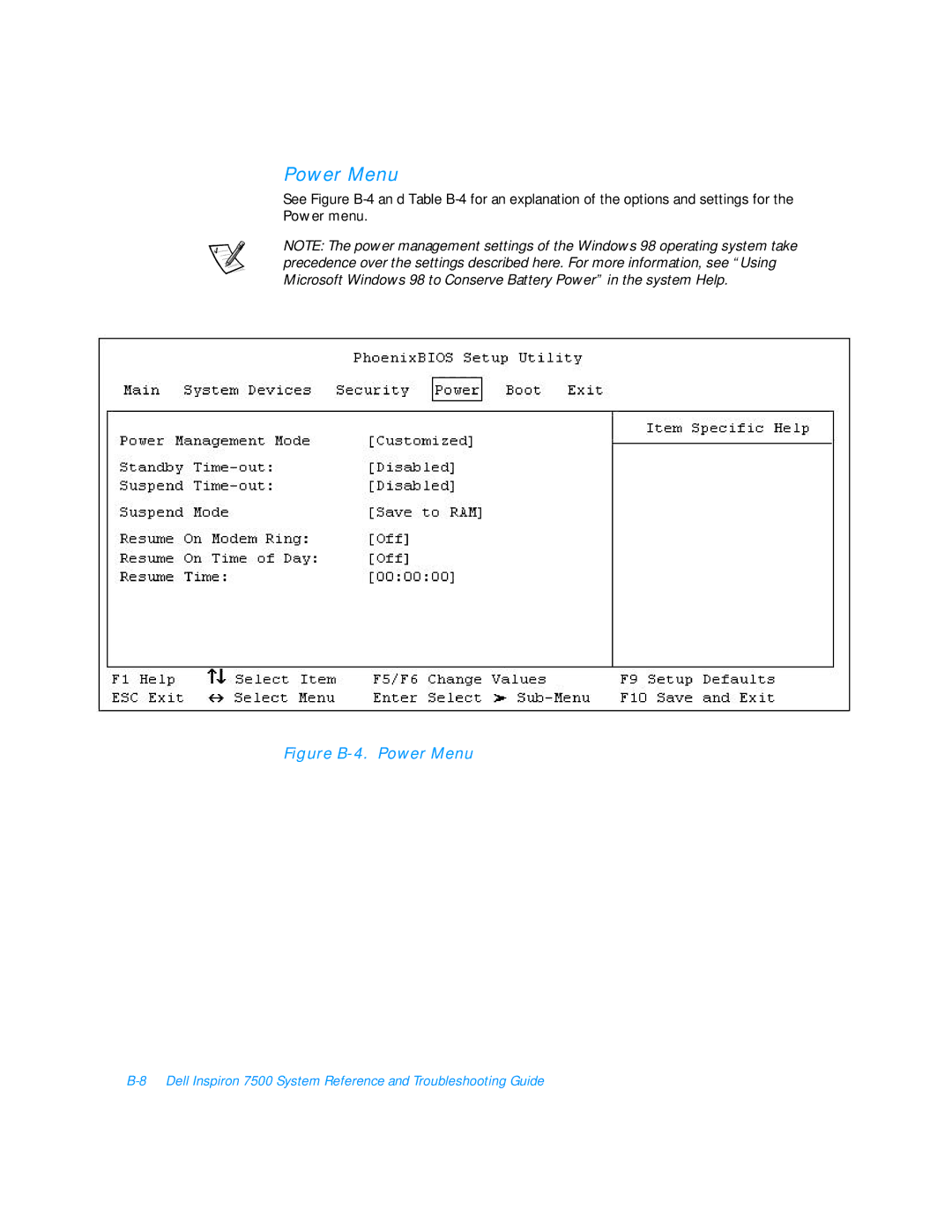 Dell 7500 manual Figure B-4. Power Menu 