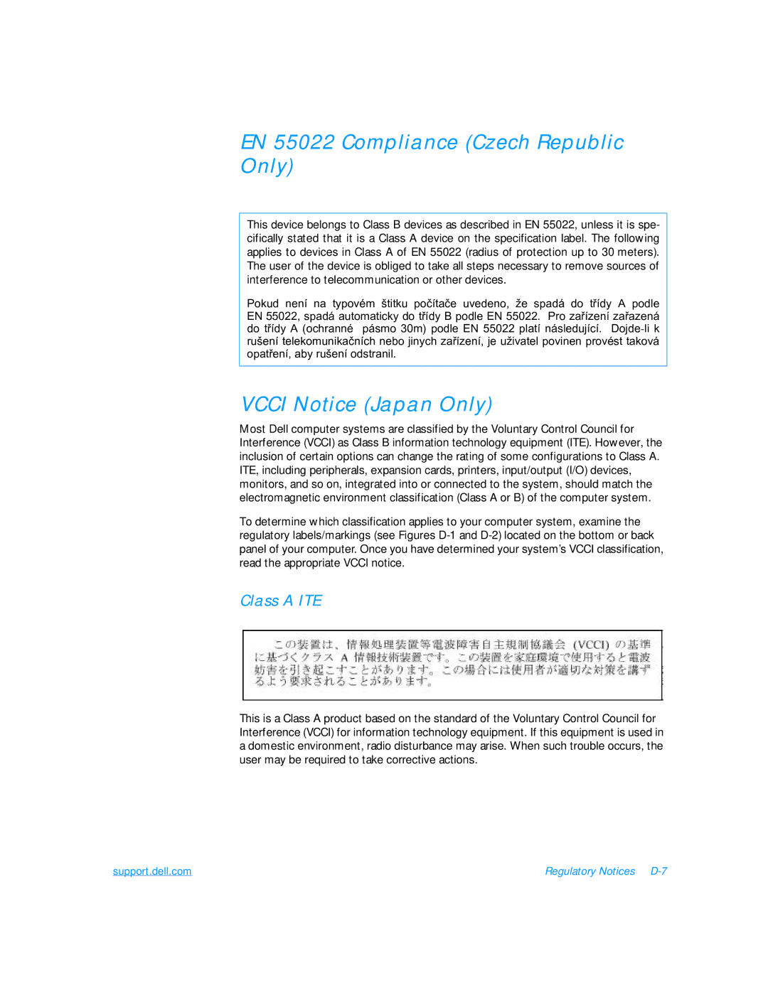 Dell 7500 manual EN 55022 Compliance Czech Republic Only, Vcci Notice Japan Only, Class a ITE 