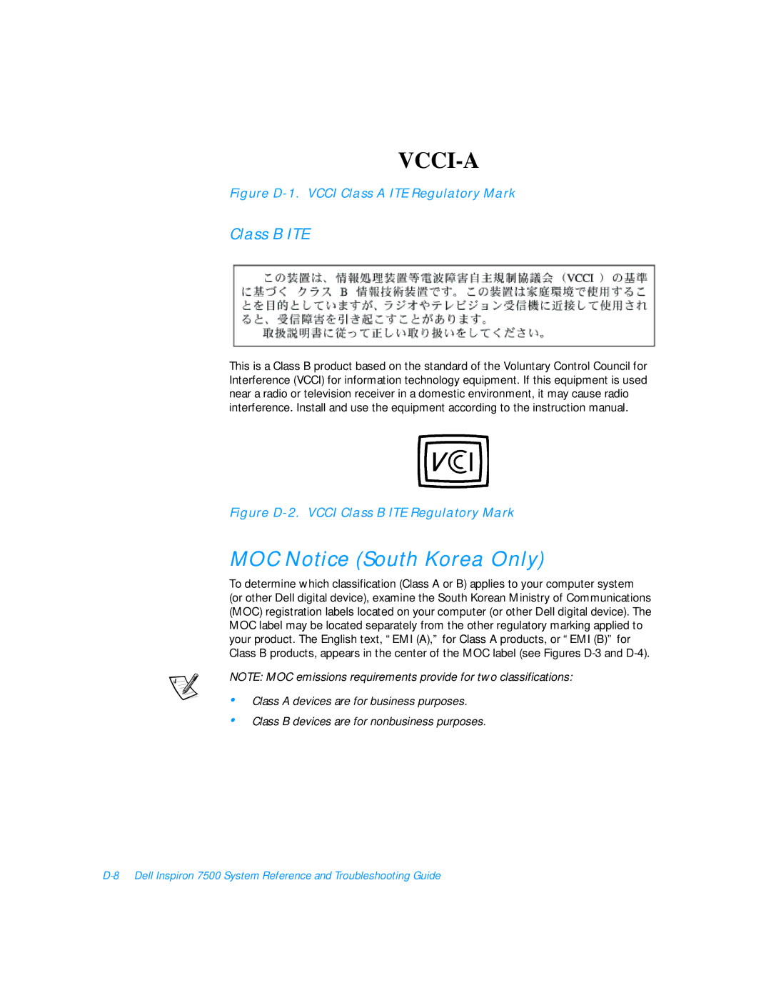 Dell 7500 manual MOC Notice South Korea Only, Class B ITE 