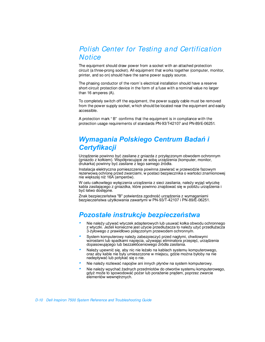 Dell 7500 manual Polish Center for Testing and Certification Notice, Wymagania Polskiego Centrum Badañ i Certyfikacji 