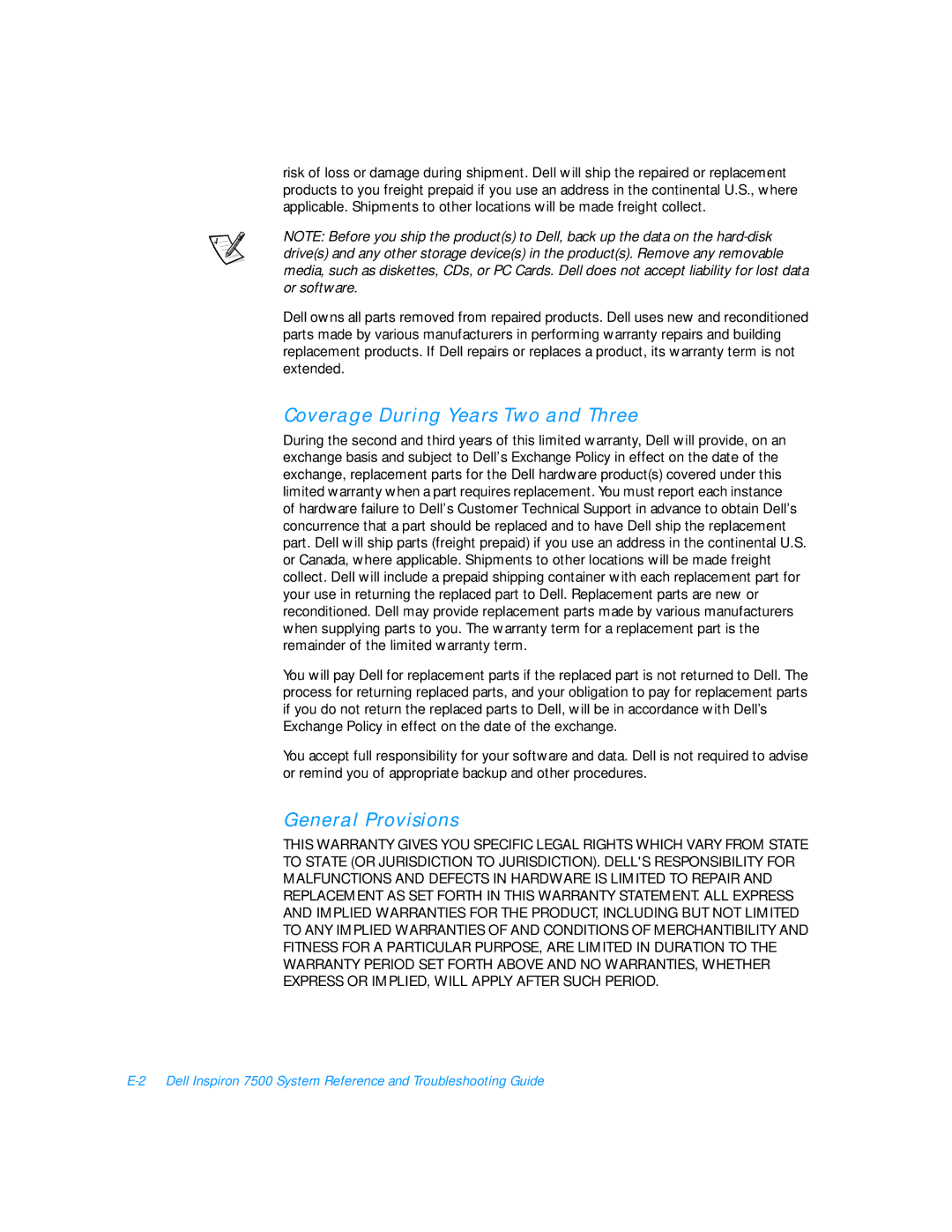 Dell 7500 manual Coverage During Years Two and Three, General Provisions 