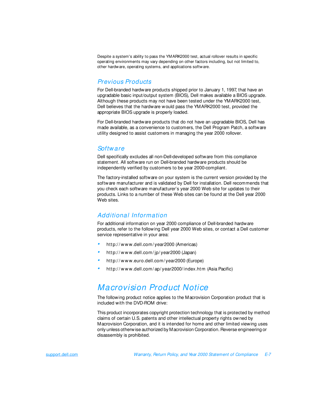 Dell 7500 manual Macrovision Product Notice, Previous Products, Software, Additional Information 