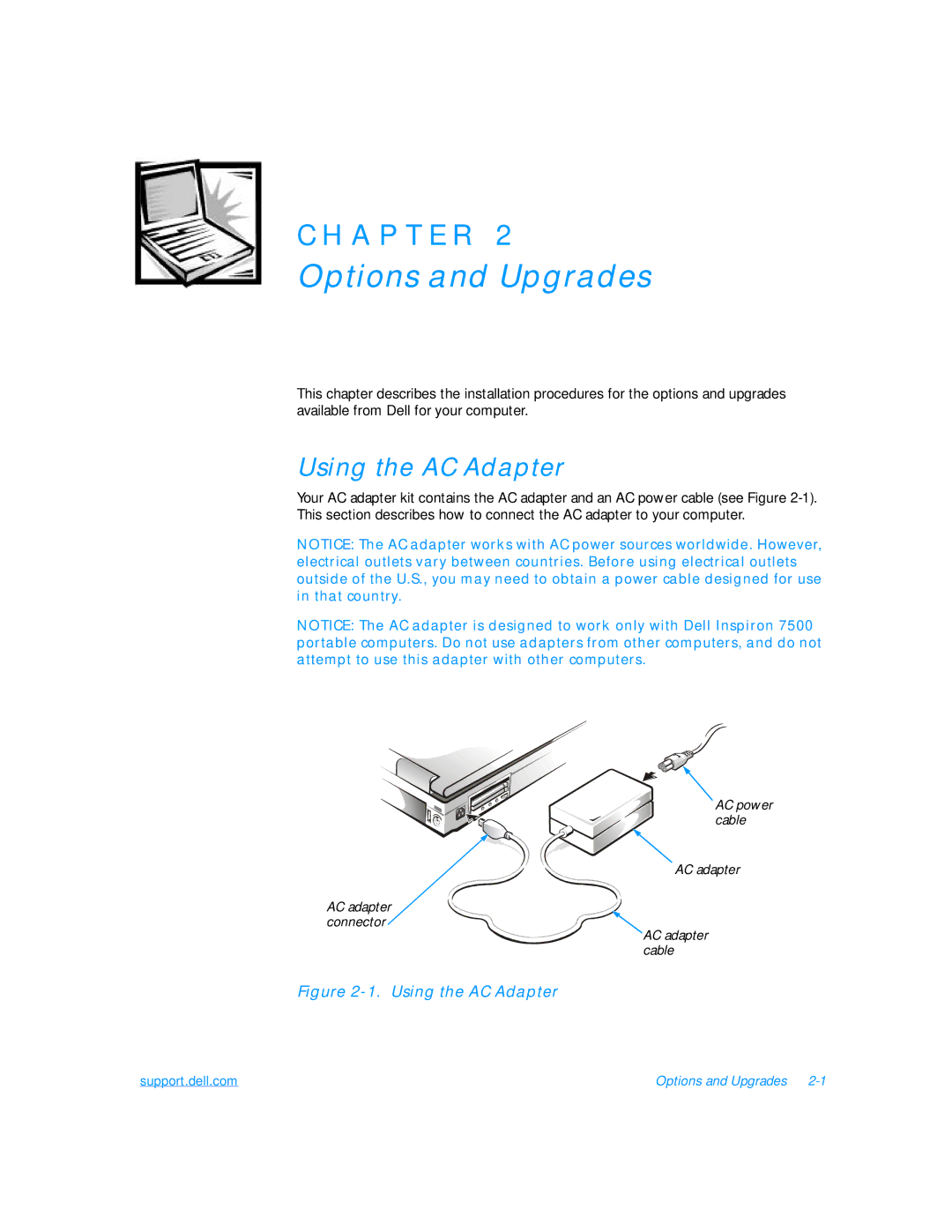 Dell 7500 manual Options and Upgrades, Using the AC Adapter 