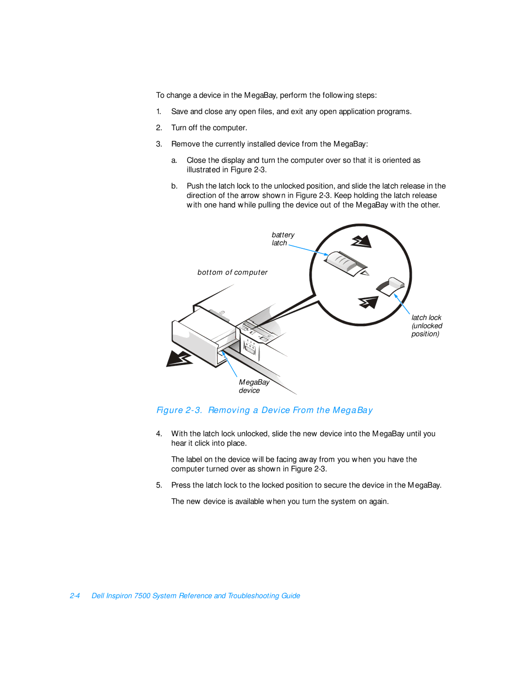 Dell 7500 manual Removing a Device From the MegaBay 