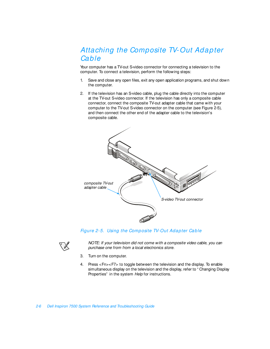 Dell 7500 manual Attaching the Composite TV-Out Adapter Cable, Using the Composite TV-Out Adapter Cable 