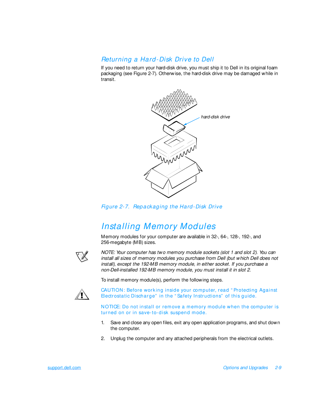 Dell 7500 manual Installing Memory Modules, Returning a Hard-Disk Drive to Dell 